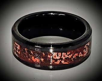 REAL T-Rex DINOSAUR Bone Ring!  Red Cell Agatized Fossil Bone | 8mm Beveled Black Ceramic Ring | Wedding Ring | Jurassic Park | US Size 3-18