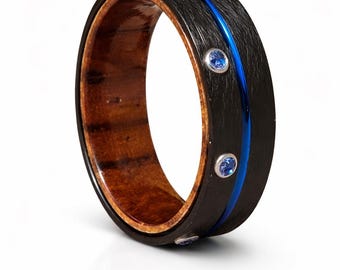 Custom Designed Ring Order for Cristy - 8mm Black Zirconium, Sapphire Blue CZ, Blue Channel, Comfort Fit, Wood Innerband