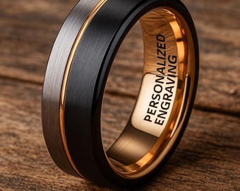 10mm (US Ring Sizes 6.5-16.0) Black & Silver Brushed Tungsten Carbide w/ 18k Rose Gold Wedding Band | Men's Wedding Bands, Engagement Rings,