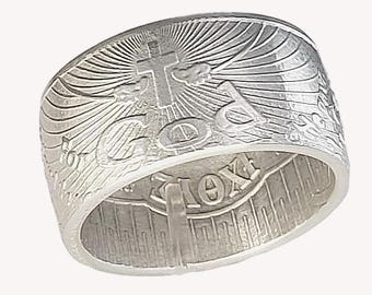 John 3:16  IXOYE Christian fish "Coin Ring" (Double Sided) Hand-Made from Rare 1 Troy Ounce Pure Silver coin! (Jesus - God - Lord - Church)
