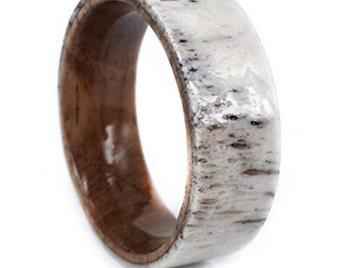 8mm Nature Inspired Koa Wood Sleeve and Deer Antler Outer Band Fashioned Ring.  (eg. wedding, engagement, men or woman unisex)