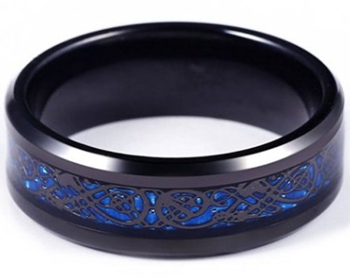 8mm Black Titanium Band with Black over Blue Celtic Dragon Titanium Classic Wedding Band (Good Luck Ring) US Ring Size 7-14