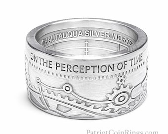 COIN RING!  Made from "Shifting Gears On Perception Of Time" .999 Pure Silver Coin Ring Size 5-18  (T.I.M.E. Series #1) Steampunk, Gearheads