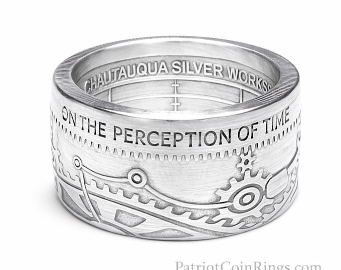 COIN RING!  Made from "Shifting Gears On Perception Of Time" .999 Pure Silver Coin Ring Size 5-18  (T.I.M.E. Series #1) Steampunk, Gearheads