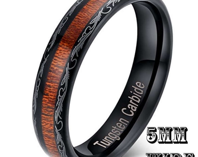 5mm Country Wood inlay on hard Black Tungsten Carbide Dome Ring Wedding Band Comfort Fit (Western Cowboy Engraving) Ladies