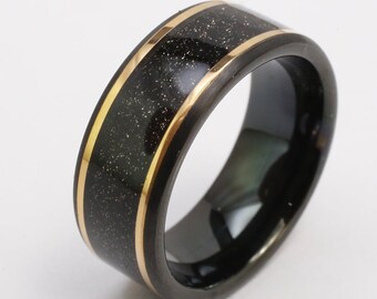 8mm Comfort Fit Black Tungsten Carbide Band with Rose Gold Accents, Straight Wall Black Shimmering Hawaiian Sand (US Ring Sizes 13.5-18.0)