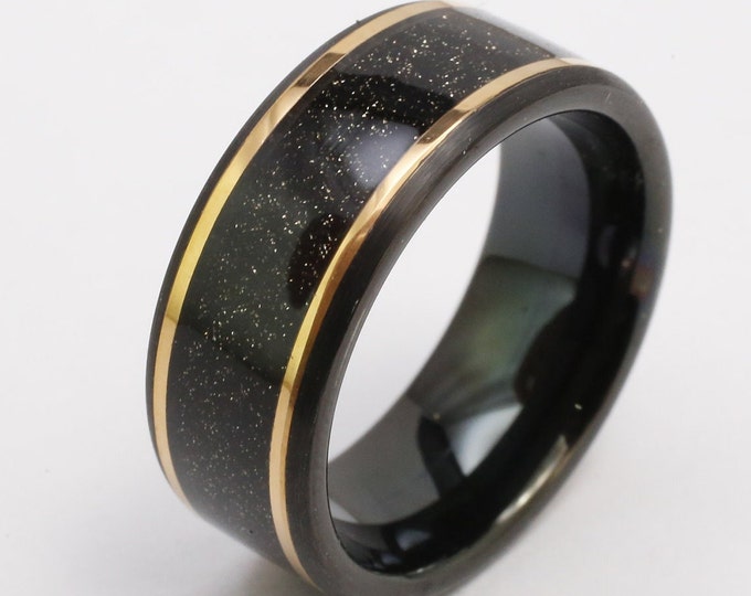 8mm Comfort Fit Black Tungsten Carbide Band with Rose Gold Accents, Straight Wall Black Shimmering Hawaiian Sand (US Ring Sizes 13.5-18.0)