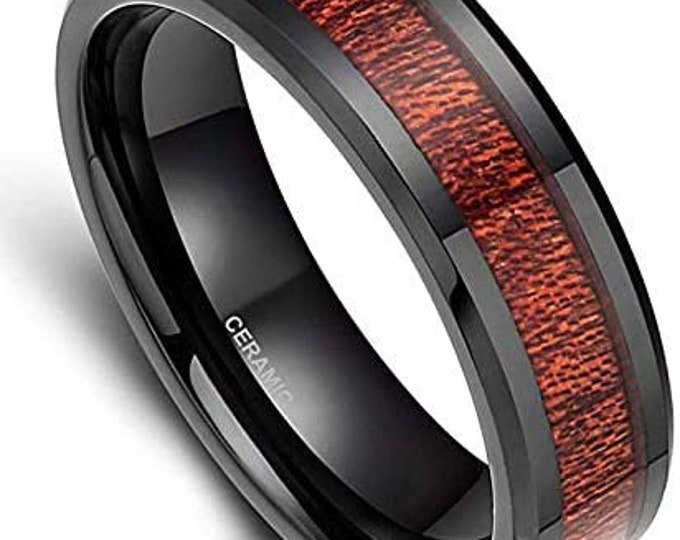 6mm Black Ceramic Ring,Black Carbon Fiber Inlay,Wood finish,Wedding Band,Men's Ring,Women's Engagement Band,US Sizes 5-11.
