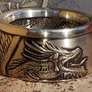RARE AZTEC &quot;World of Dragons - 1st Series&quot; .999 Solid 1oz Silver Coin Rings (Bikers Ring, Mans Heavy Ring, Fantasy, Birthday Gift for Him)