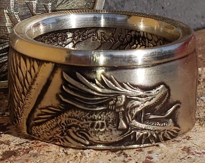 RARE AZTEC "World of Dragons - 1st Series" .999 Solid 1oz Silver Coin Rings (Bikers Ring, Mans Heavy Ring, Fantasy, Birthday Gift for Him)