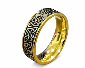 8mm Celtic 18K Gold Tungsten Wedding Band - Silver Trinity over Black Men's or Women's (anniversary, engagement, fashion) US Ring Sizes 4-18