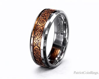 8mm Silver w/ 18K Rose Gold over Black Celtic Dragon Tungsten Carbide Classic Wedding Band (Good Luck Ring) US Size 4-17