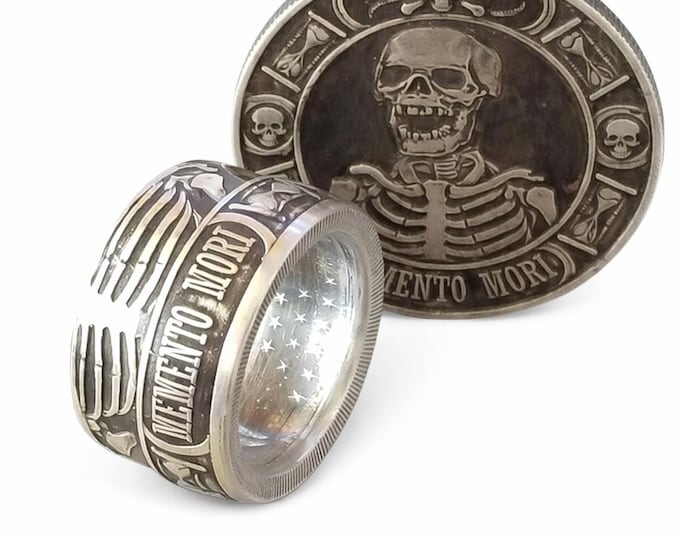 14mm WIDE .9999 Pure Silver Memento Mori (Day of the Dead) Celebration Coin Ring.  Day of Remembrance for loved ones and to Cherish Life!