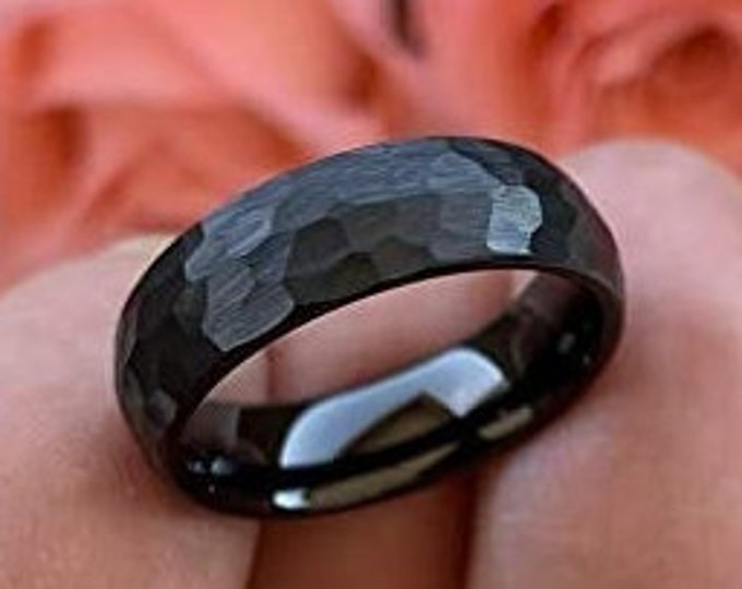 6mm Black Hammered Tungsten Carbide Ring, Wedding, Engagement, Domed, Matte Finish,Unisex Ring,Comfort Fit, US Sizes-5-11.