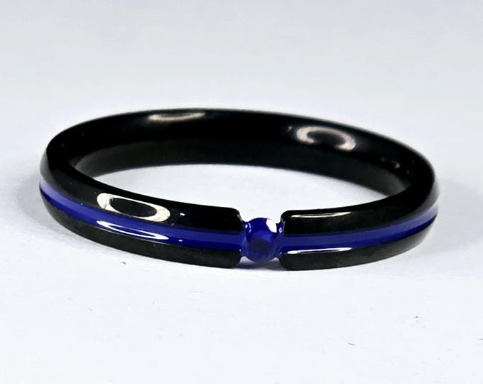 4mm Black Titanium Tension Band with Blue Sapphire Gem (His or Hers - US Ring Sizes 4-17)