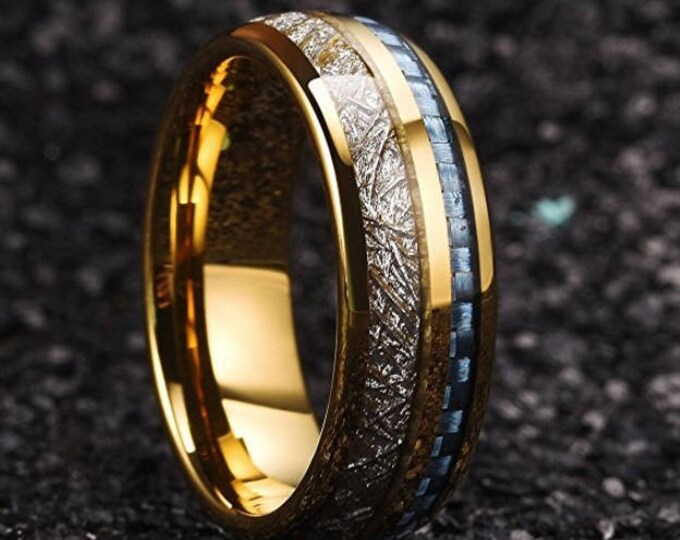 8mm 24K Gold Plated Tungsten Meteorite Dome Style & Sapphire Blue Carbon Fiber Inlay | engagement, anniversary, wedding rings