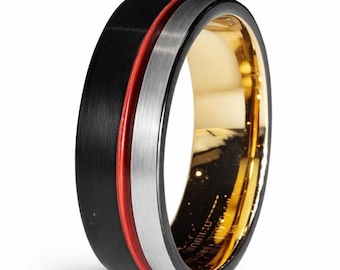 6mm Thin Red Line - Thin Blue Line Brushed Black & Silver Tungsten Carbide over 18k Rose Gold Ring (Police, Law Enforcement, Fire Fighter)