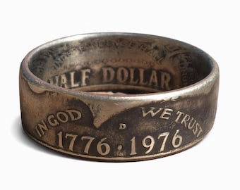 1776-1976 Bicentennial Silver Half Dollar Coin Ring w/ Patina Aged Finish | Double Sided |  Comfort Fit