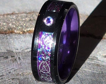 8mm Purple Carbon Fiber Ring, Black Tungsten Carbide Wedding Ring, Silver Celtic Dragon, Purple Cubic Zirconia, US Sizes 7 to 13.