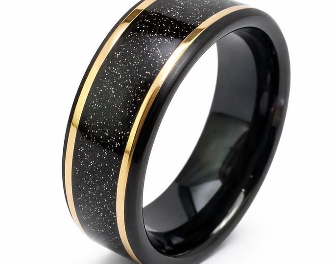 8mm Comfort Fit Black Tungsten Carbide Band with Rose Gold Accents, Straight Wall Black Shimmering Hawaiian Sand (US Ring Sizes 13.5-18.0)