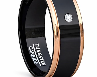 8mm Black Tungsten Carbide Ring, Rose Gold Step Edges, Cubic Zirconia (CZ) Diamond, Unisex Band, Comfort Fit.