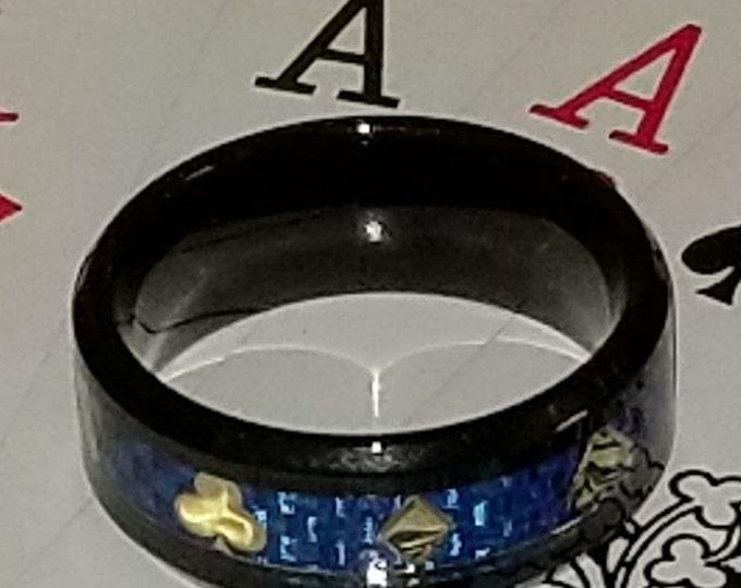 8mm Card Lover (Unisex) Black Beveled Titanium Band w/ Sapphire Blue Carbon Fiber & 14K Gold Card Suits - Size 7-12