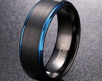 8mm Men's Black Brushed Tungsten Carbide Ring, Blue Beveled Edges, Wedding Band, Promise, Engagement, Cocktail, Anniversary.