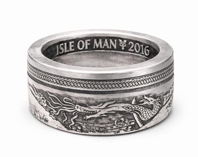 2014 Archangel Michael slaying the Dragon!  (coin from Isle of Man) 1 Troy Ounce .999 Pure Fine Silver -Wedding Band Heavy Ring US Size 3-18
