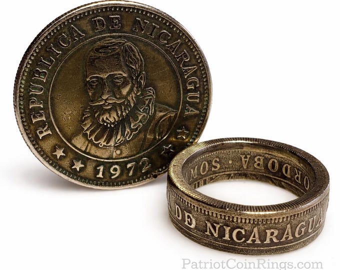 1972 Nicaragua 1 córdoba - 24K Gold Plated!  Un Cordoba (Beautiful Ring Hand Crafted from a coin)  | Wedding Band, Engagement Ring or a Gift