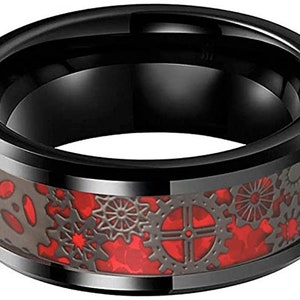 LUXUBANDS 8mm Tungsten Wedding Band - Silver/Black Steampunk Gear Design With Carbon Fiber Inlay, Comfort Fit - View #13