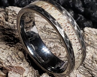 8mm Silver Tungsten with Hammered Sides & Genuine Deer Antler Inlay (Wedding Band, Engagement, Anniversary, Hunters) Sizes 4-18