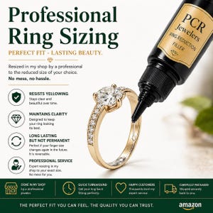 May include: A gold ring with a clear stone setting being applied with a clear liquid from a black squeeze bottle labeled PCR Jewelers Ring Reduction Filler. The image includes text detailing professional ring sizing and service features.