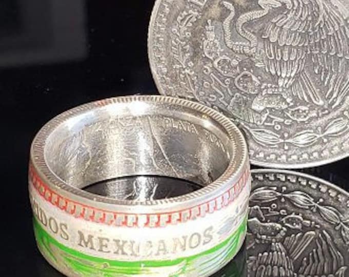 Estados Unidos Mexicanos "COIN RING" Mexican Pure Silver 1/2 oz (half onza) Libertad w/ Proud Colors and Crest of Mexico.  Powder Coated!!!