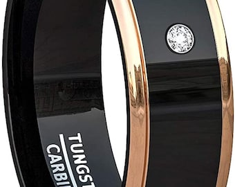 8mm Black Tungsten Carbide Ring, Rose Gold Step Edges, Cubic Zirconia (CZ) Diamond, Unisex Band, Comfort Fit.
