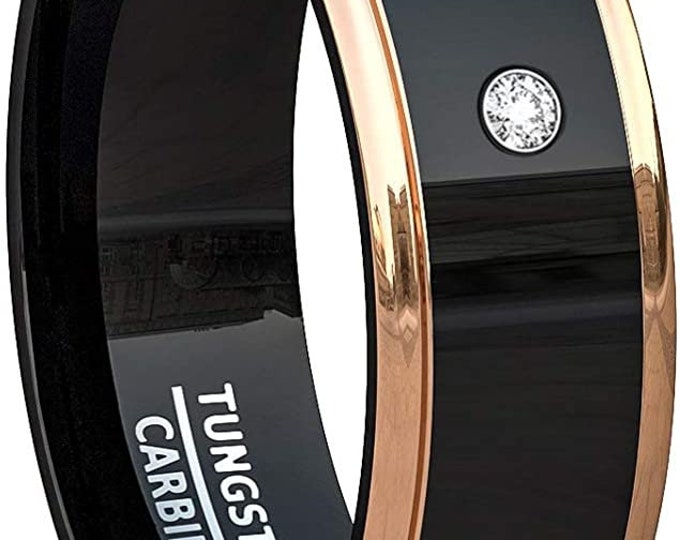 8mm Black Tungsten Carbide Ring, Rose Gold Step Edges, Cubic Zirconia (CZ) Diamond, Unisex Band, Comfort Fit.