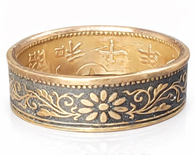 6mm Coin Ring (Bronze & Charcoal Black), Japanese Jewelry, Floral Cherry Blossom Coin Ring, Paulownia 1 Sen 1916-1938 (US Size 3-14)