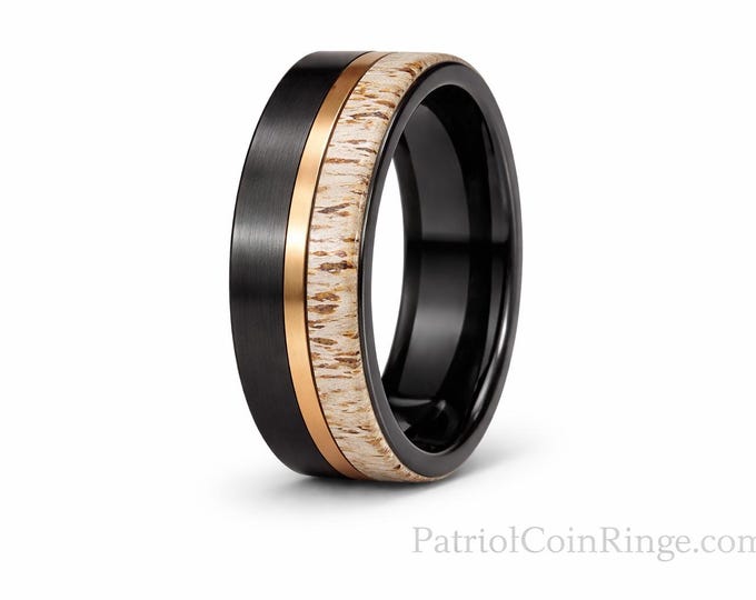STYLE 3 - 8mm Gloss Black Tungsten Carbide Band w/ Real Deer Antler and Reclaimed Jack Daniels Whiskey Oak Barrel Wood (US Sizes 6-15)