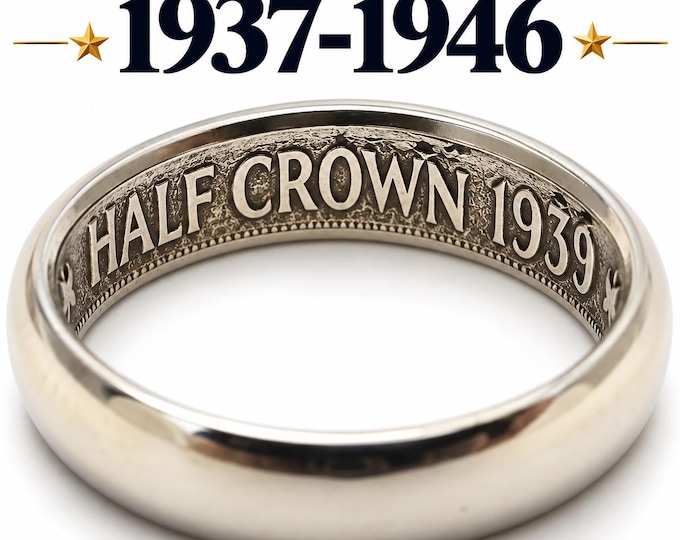 1937-1946 UK Half Crown - George VI 1st type (Thin 6mm Wedding Band Style Coin Ring)