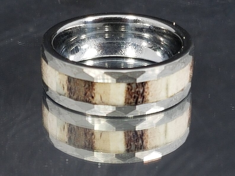 8mm Silver Tungsten with Hammered Sides & Genuine Deer Antler Inlay Wedding Band, Engagement, Anniversary, Hunters Sizes 4-18 image 3