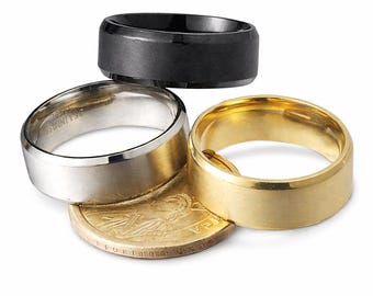 8mm Beveled Titanium Men's & Women's Stainless Steel Wedding Rings (18K Gold, Silver or Black).  engagement ring, promise ring, wedding band