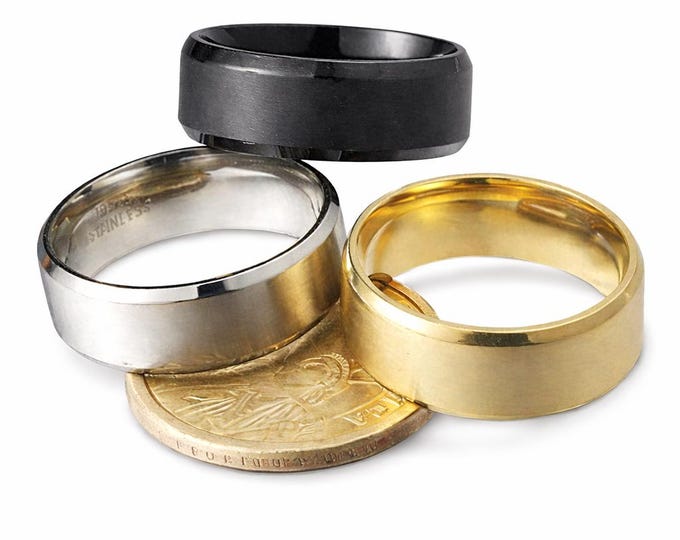 8mm Beveled Titanium Men's & Women's Stainless Steel Wedding Rings (18K Gold, Silver or Black).  engagement ring, promise ring, wedding band