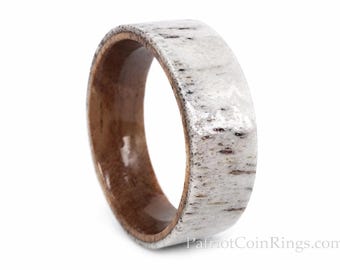 8mm Nature Inspired Koa Wood Sleeve and Deer Antler Outer Band Fashioned Ring.  (eg. wedding, engagement, men or woman unisex)
