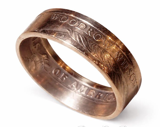 2014 Woodrow Wilson 1 Dollar Coin Ring. Shown in Rose Gold Finish (other options in Silver, 24K Gold, Platinum, Rhodium & White Gold Plated)