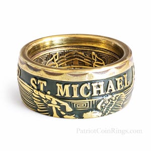 St. Michael Patron Saint of Law Enforcement | MP | Security |  converted challenge Coin Ring! Powder Coated Police Officer OD Green & Brass