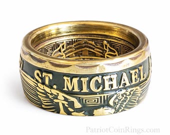 St. Michael Patron Saint of Law Enforcement | MP | Security |  converted challenge Coin Ring! Powder Coated Police Officer OD Green & Brass