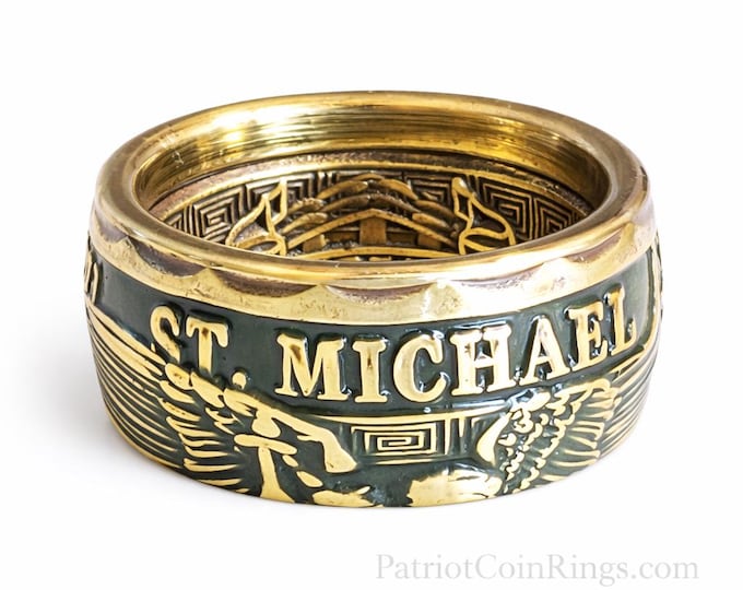 St. Michael Patron Saint of Law Enforcement | MP | Security |  converted challenge Coin Ring! Powder Coated Police Officer OD Green & Brass