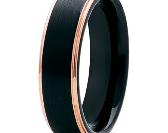 REG 299.99 - 6mm Men's Black Brushed and Rose Gold Tungsten Carbide Wedding Band (Wedding, Promise, Engagement, Cocktail, Dinner Anniversary