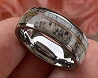 8mm Domed Silver Tungsten Carbide Steel Band, Comfort Fit w/ Real Deer Antler and Koa Wood (US Sizes 6-13)