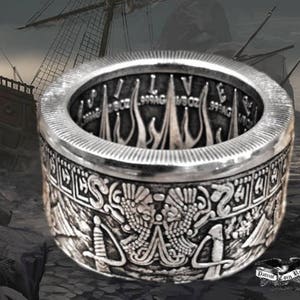 Silver "Pieces of Eight," "Praedatum in Mundo" (Latin) Antiqued - A Predatory World - .999 Pure Silver Coin Ring (pirates of the Caribbean)