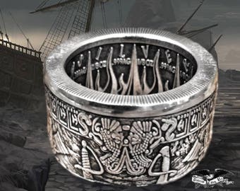 Silver "Pieces of Eight," "Praedatum in Mundo" (Latin) Antiqued - A Predatory World - .999 Pure Silver Coin Ring (pirates of the Caribbean)